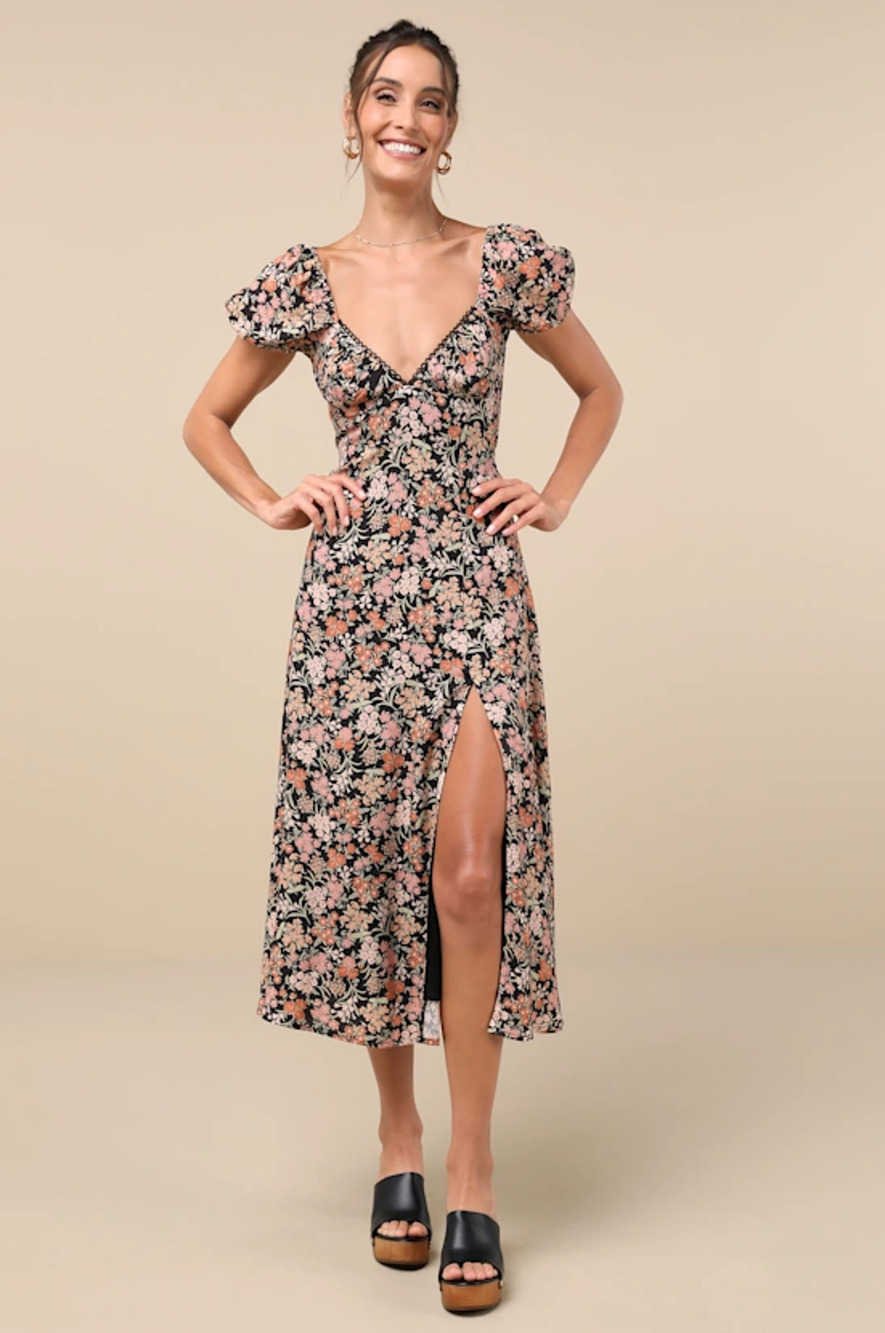 NWT Lulus Meadow Muse Floral Tie Back Puff Slv Midi Dress Sz M Rayon Cottagecore
